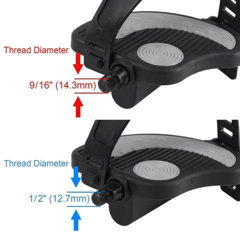 Close-up of 9/16-Inch Exercise Bike Pedals With Straps Replacement Parts showing thread diameter options.