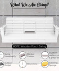 Heavy Duty Poly Lumber Porch Swing With Mounting Kit And All Accessories for patios, featuring white poly lumber and steel chains.