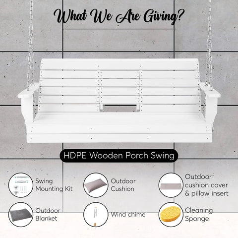 Heavy Duty Poly Lumber Porch Swing With Mounting Kit And All Accessories for patios, featuring white poly lumber and steel chains.