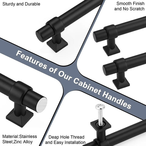 Close-up of Matte Black Cabinet Pulls 5 Pack With 2.5 Inch Hole Centers T Bar Drawer Pulls featuring stainless steel and zinc alloy material