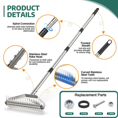 Lawn Dethatching Rake With 15.6 Inch Wide Head And 20 Curved Tines, Heavy Duty Stainless Steel, 66 Inch Adjustable Handle, Manual Thatch Remover For Dead Grass And Soil Loosening, Aeration And Light Debris Clearing, A Real Yard Workhorse product details with spiral connection and frosted sheath.