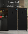 Killer 14 Cu Ft Convertible Refrigerator Freezer Pair in sleek black finish, designed for garage readiness, showcasing modular French door design.
