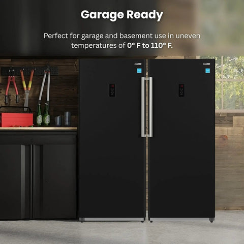 Killer 14 Cu Ft Convertible Refrigerator Freezer Pair in sleek black finish, designed for garage readiness, showcasing modular French door design.
