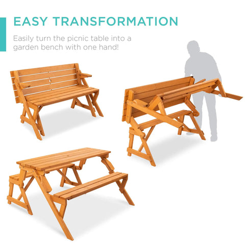 2-In-1 Transforming Outdoor Picnic Table And Garden Bench shown in natural wood, illustrating conversion steps from table to bench.