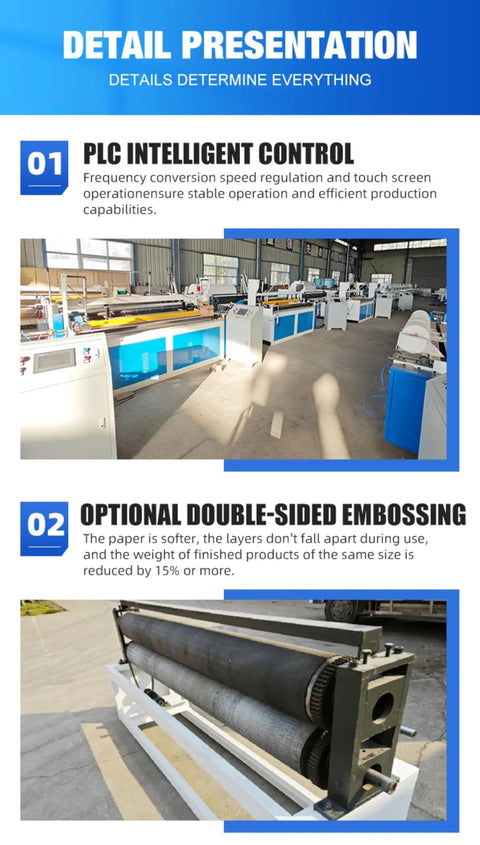 Heavy Duty Automatic Tissue Paper Machine For Commercial Toilet Paper Manufacturing Custom Rewind Emboss And Precision Cutting Gear with PLC control system.