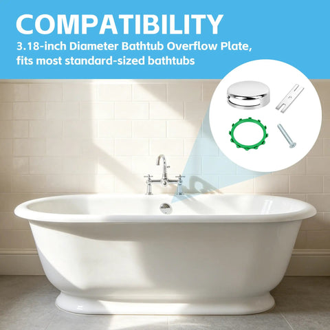 Chrome Plated Bathtub Overflow Drain Cover Kit With Easy Snap On Installation fits most standard tubs, 3.18-inch round plate components.