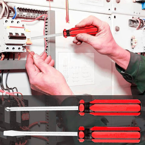 Person using a screwdriver from the 9 In 1 Basic Tools Set With Carrying Case For Home DIY Projects Ergonomic TPR Handles Heat Treated Chrome Plated Steel ANSI Compliant Ideal For Women Men Students Dorm Room And Household Repairs on an electrical panel.