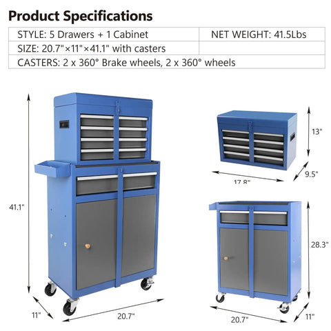 Large Rolling Tool Chest With 5 Drawers On Wheels Detachable Top Box 2 In 1 Tool Cabinet Includes Organizer Bins Hooks Adjustable Shelf And Locking System For Garage And Workshop Gray