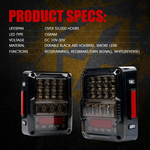4D Smoked LED Tail Lights For 2007 To 2018 Jeep Wrangler JK JKU displayed with product specifications and smoke lens design