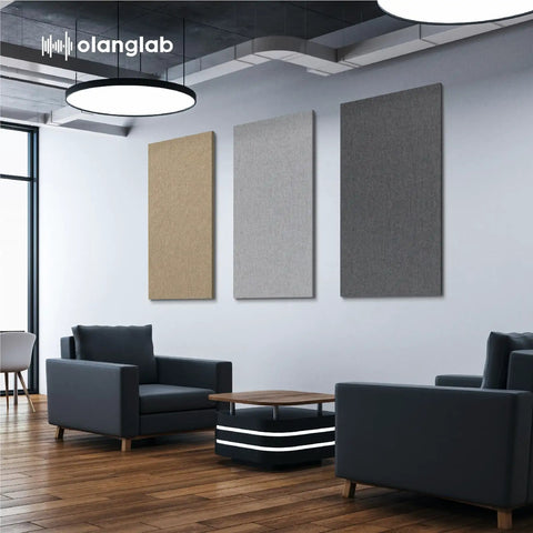 Top Shelf Large Acoustic Panels 2 Pack 48x24 Inches Sound Proof Foam Wall Tiles mounted in a modern lounge setting.