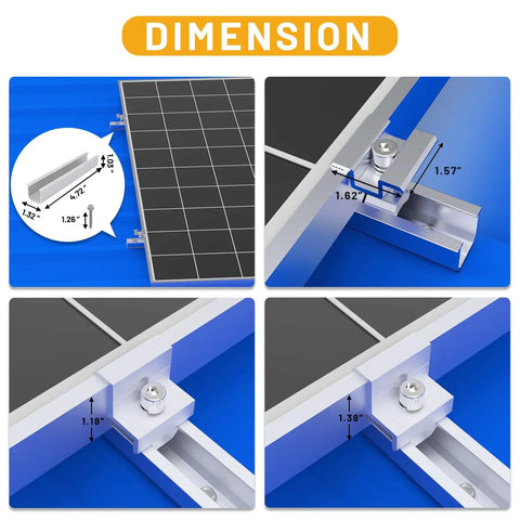 Beefed Up Solar Panel Mounting Kit dimensions with rails and clamps detail for roof installations.