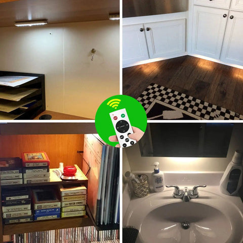 Various views of Under Cabinet Lighting Kit With 20 LED Stick On Lights Remote Control Dimmable Brightness for kitchens and closets