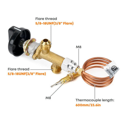 Low Pressure Propane Gas Flame Failure Safety Control Valve Kit for Fireplace Fire Pit and Heater with 3/8 inch flare threads