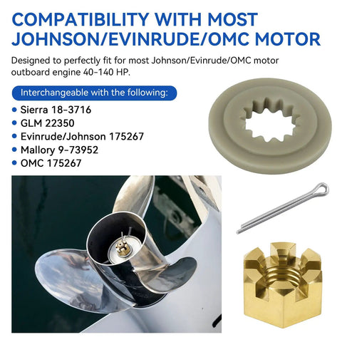 Outboard Prop Hub Nut Kit For Johnson Evinrude Motors, Pro Grade Upgrade With Nut Cotter Pin And Prop Spacer, Replaces OMC 175267 And Sierra 18-3716, Fits 40-140 HP Engines