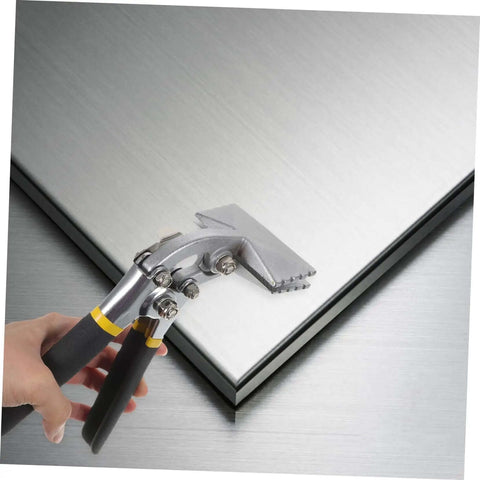 Manual Metal Bender Tool For Bending And Flattening Sheet Metal With Straight Jaw Hand Seamer Grip in use on metal sheet