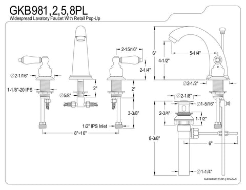 Technical diagram of Classic English Country Widespread Lavatory Faucet With Pop Up Drain Dope Chrome Finish Solid Brass Deck Mount
