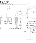 Technical diagram of Oil Rubbed Bronze English Country 8 Inch Widespread Lavatory Faucet With Pop Up Drain Five and a Quarter Inch Spout Reach 8 to 16 Inch Widespread 3 Hole Deck Mount One Point Two GPM Flow Solid Brass Construction Classic Vibes