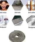 Benefits of 32.8 Ft Self Adhesive Weather Stripping Seal Strip for windows and doors, showing anti-noise, anti-rain, windproof effects.