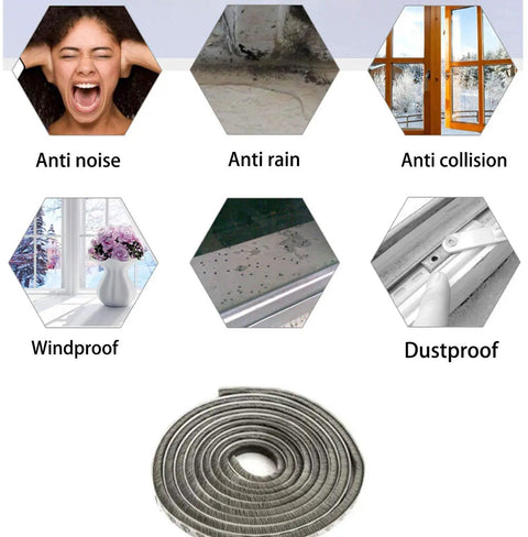 32.8 Ft Self Adhesive Weather Stripping Seal for Windows and Doors with Brush Seal beneath benefits icons.