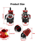 PE22 22mm Carburetor Jet Kit For Predator 212cc And 196cc Clone Engines, Coleman Mini Bike CT200U-EX BT200X B200R KT196, Includes Intake Manifold. Detailed diagram showing product dimensions including carburetor and air filter sizes.