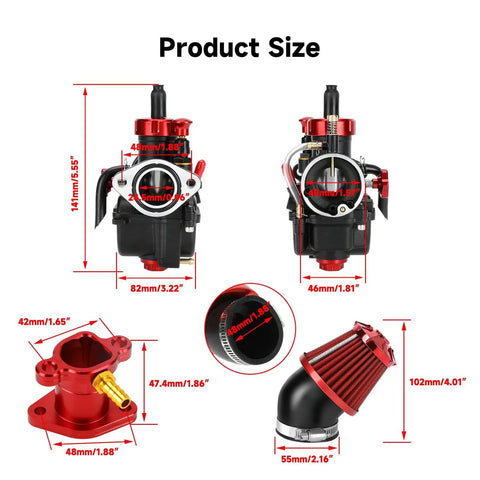 PE22 22mm Carburetor Jet Kit For Predator 212cc And 196cc Clone Engines, Coleman Mini Bike CT200U-EX BT200X B200R KT196, Includes Intake Manifold. Detailed diagram showing product dimensions including carburetor and air filter sizes.