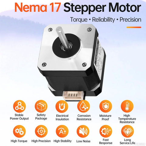 NEMA 17 stepper motor front view; silver top plate, black body, exposed shaft, 42×40mm frame