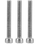 Three stainless steel hex bolts standing upright on a white background.