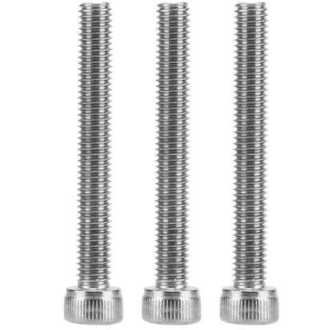 Three silver machine screws with knurled round heads and threaded shafts