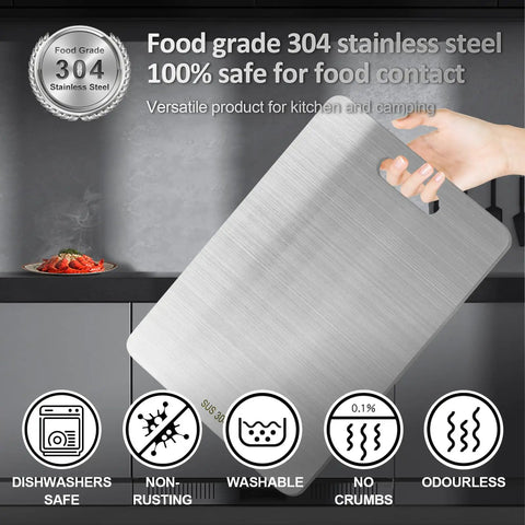 Three Piece Stainless Steel Cutting Board Set With Double Sided Thick Boards For Home Kitchen Cooking Includes Small Medium And Large Sizes Food Grade 304 Stainless Rust Resistant And Easy To Clean shown in hand