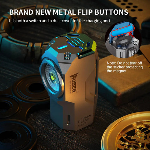 Rechargeable Mini EDC Flashlight With Magnet, Right Angle Design, highlighting metal flip buttons and charging port cover