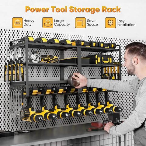 32 Inch Wide Heavy Duty Metal Power Tool Organizer Wall Mount With Four Tier Racks And Drill Hanger Eight Drill Holders Garage Workshop Storage Solution For Tools Toolboxes And Large Gear on pegboard wall with tools displayed