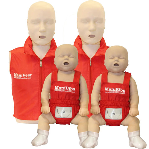 Take2 CPR Manikin And UltraTrainer Kit With Feedback For Realistic Practice Two Adults And Two Infants Plus Two AED UltraTrainers And Full Accessory Pack Including Shields Lung Bags Kneeling Mats ManiVests ManiBibs And Carry Bags front view.