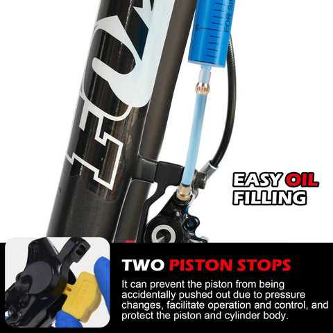 Magura Hydraulic Brake Bleed Kit in action with syringe, mineral oil fluid, dual piston stops, and disc brake system.