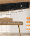 88 Key Fully Weighted Digital Piano With Hammer Action Keyboard, back panel ports, burlywood finish, realistic touch and dynamics.