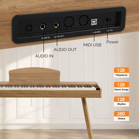 88 Key Fully Weighted Digital Piano With Hammer Action Keyboard, back panel ports, burlywood finish, realistic touch and dynamics.