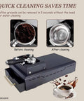 Top Notch Electric Portafilter Cleaner Knock Box Setup shows before and after coffee grounds removal for 58Mm espresso handles.