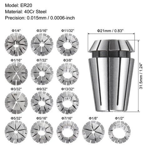 ER20 Spring Collet Set Fourteen Sizes with 0.008mm Clamping Precision 65Mn Steel displayed