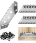 Heavy Duty Stainless Steel Furniture Corner Brackets With Screw Kit Rock Solid Angle Connectors displayed with screws and installation example.