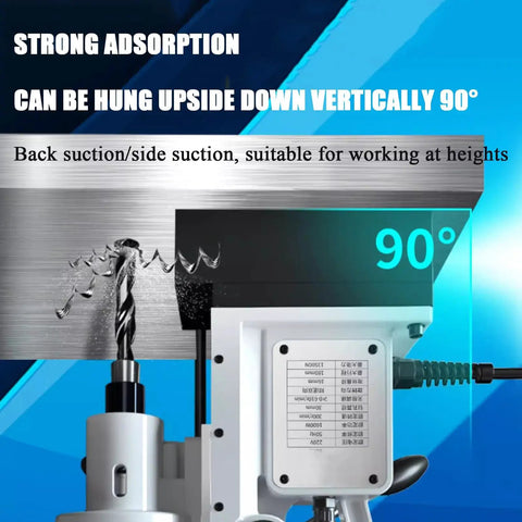 Powerful 1500W Magnetic Drill Press showing 90° operation angle, highlighting strong suction for vertical use in metalworking.