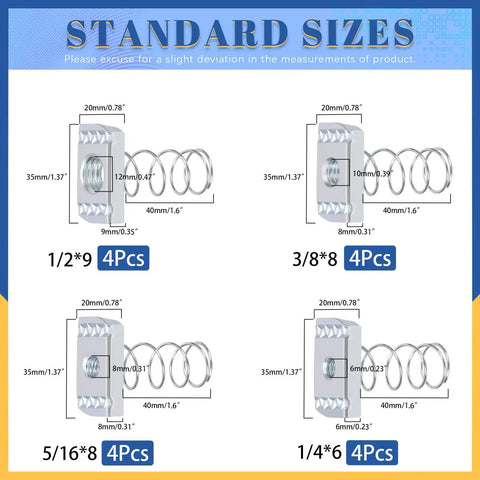 Standard sizes diagram for 16 Piece Spring Strut Channel Nut Kit With One Quarter Five Sixteenth Three Eighth And Half Inch Threads.
