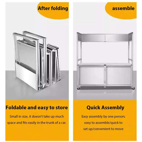 Heavy Duty Food Cart On Wheels For Street Food Markets And Events, Thickened Sheet Metal Construction with foldable and assembled views
