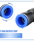 Front view of Konohan push-to-connect air hose fitting, blue collar on black body for 4–12 mm tubes.