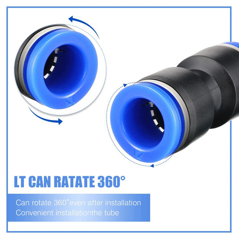 Front view of Konohan push-to-connect air hose fitting, blue collar on black body for 4–12 mm tubes.