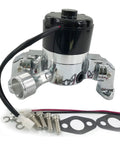 Small Block Chevy Electric Water Pump Delivers Killer 35 Gpm High Volume Flow With Rock Solid Chrome Aluminum Housing, black and silver color.