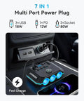 Car interior showing 7-In-1 Cigarette Lighter Splitter With 120W Car Charger, 3 sockets, LED display, USB-A and USB-C ports in use.