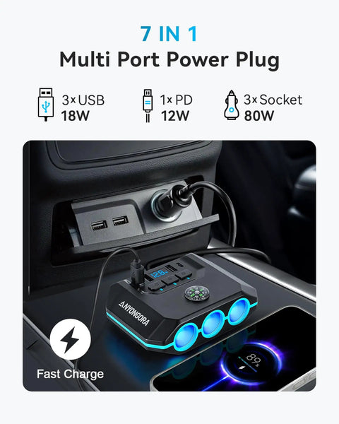 Car interior showing 7-In-1 Cigarette Lighter Splitter With 120W Car Charger, 3 sockets, LED display, USB-A and USB-C ports in use.