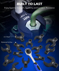 Beefy 14 Piece Jumbo Crowfoot Wrench Set With SAE Sizes From 1-1/16 Inch To 2 Inch For Flare Nut Removal Fits 1/2 Inch Drive Rachets And Extenders Blackened Cr-V Steel Crowfoot Wrenches With Carry Case close-up on bolt with ratchet