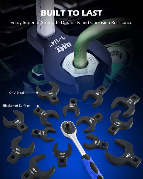Beefy 14 Piece Jumbo Crowfoot Wrench Set With SAE Sizes From 1-1/16 Inch To 2 Inch For Flare Nut Removal Fits 1/2 Inch Drive Rachets And Extenders Blackened Cr-V Steel Crowfoot Wrenches With Carry Case close-up on bolt with ratchet