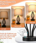 Three images of Two Pack Touch Control 3-Way Dimmable Table Lamps With USB Ports, 22 Inch, beige shade, showing low, medium, and high light settings.