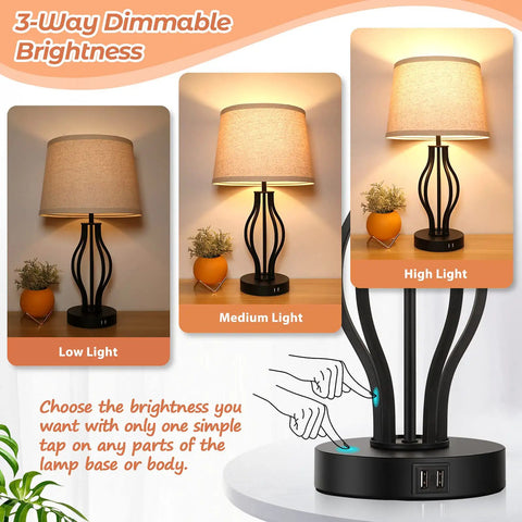 Three images of Two Pack Touch Control 3-Way Dimmable Table Lamps With USB Ports, 22 Inch, beige shade, showing low, medium, and high light settings.